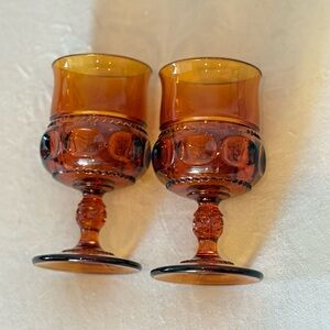 Vintage Indiana Glass Thumbprint Amber Goblet Drinking Glass Set